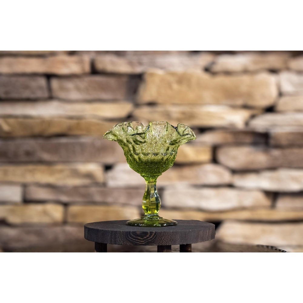 Vintage Fenton Avocado Green Compote Bowl | Mid Century Art Glass Centerpiece